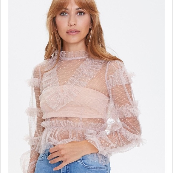 Forever 21 Tops - Light Pink Sheer Mesh Ruffled Long Sleeve Top NWT